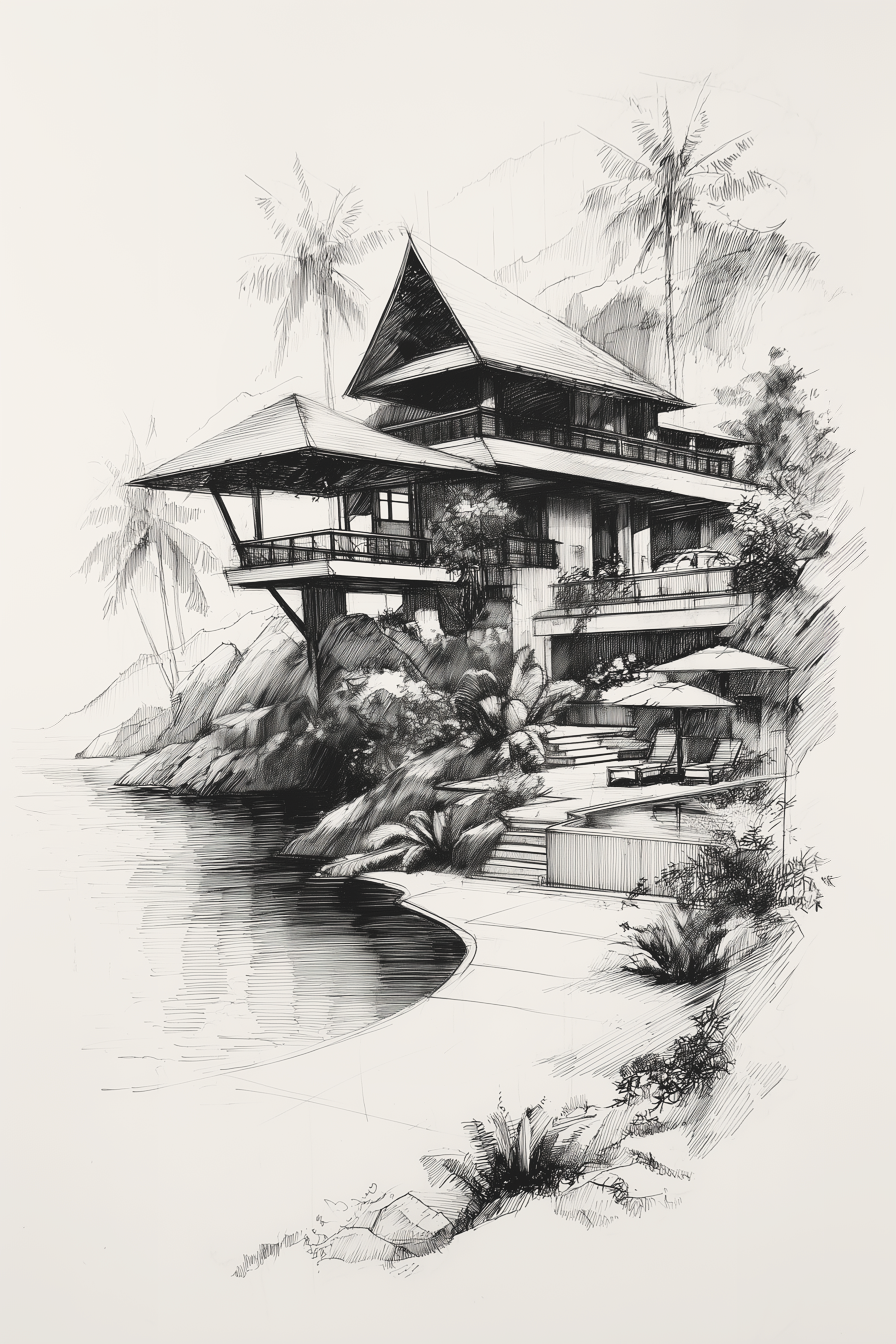 Architectural sketch of a tiki roof resort on an island.