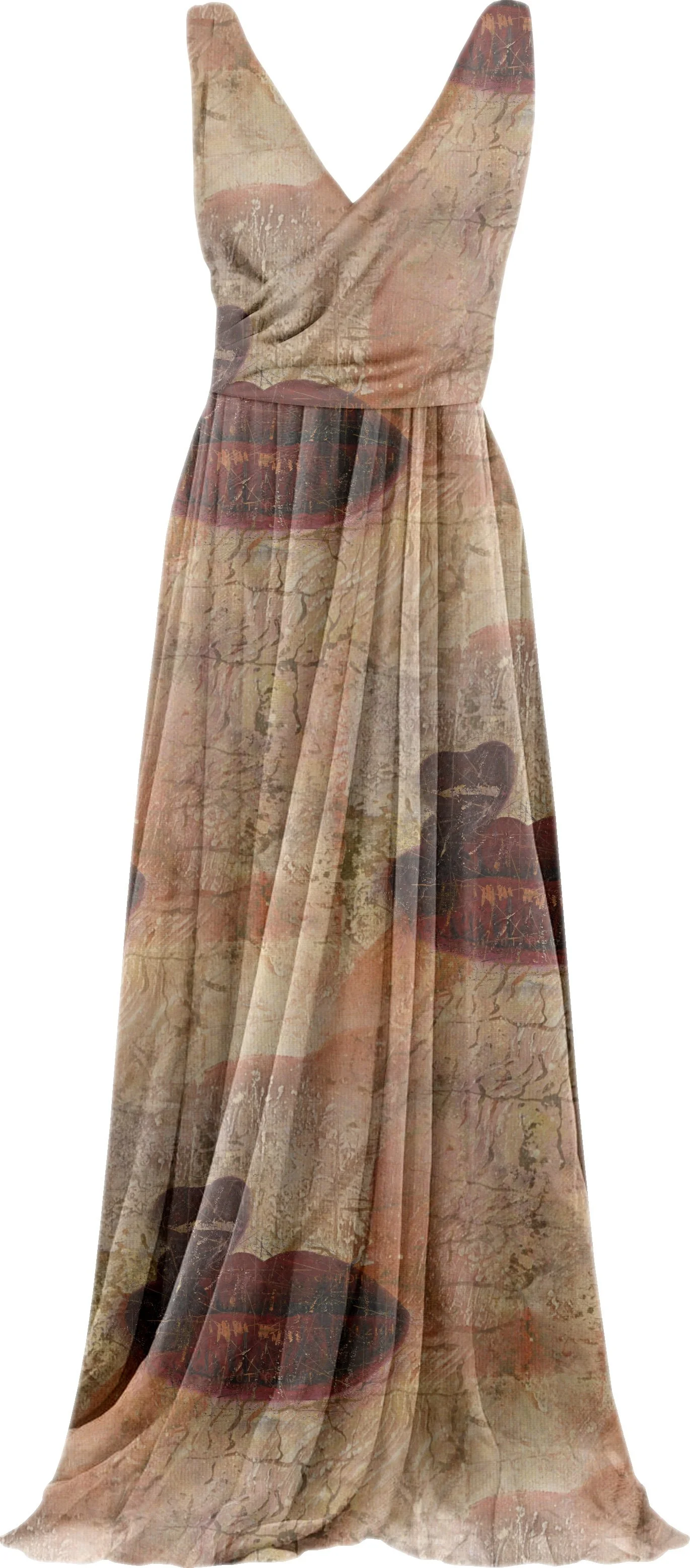 A long dress with a vintage floral pattern featuring large, dark red flowers and leaves, and pleats at the waist.