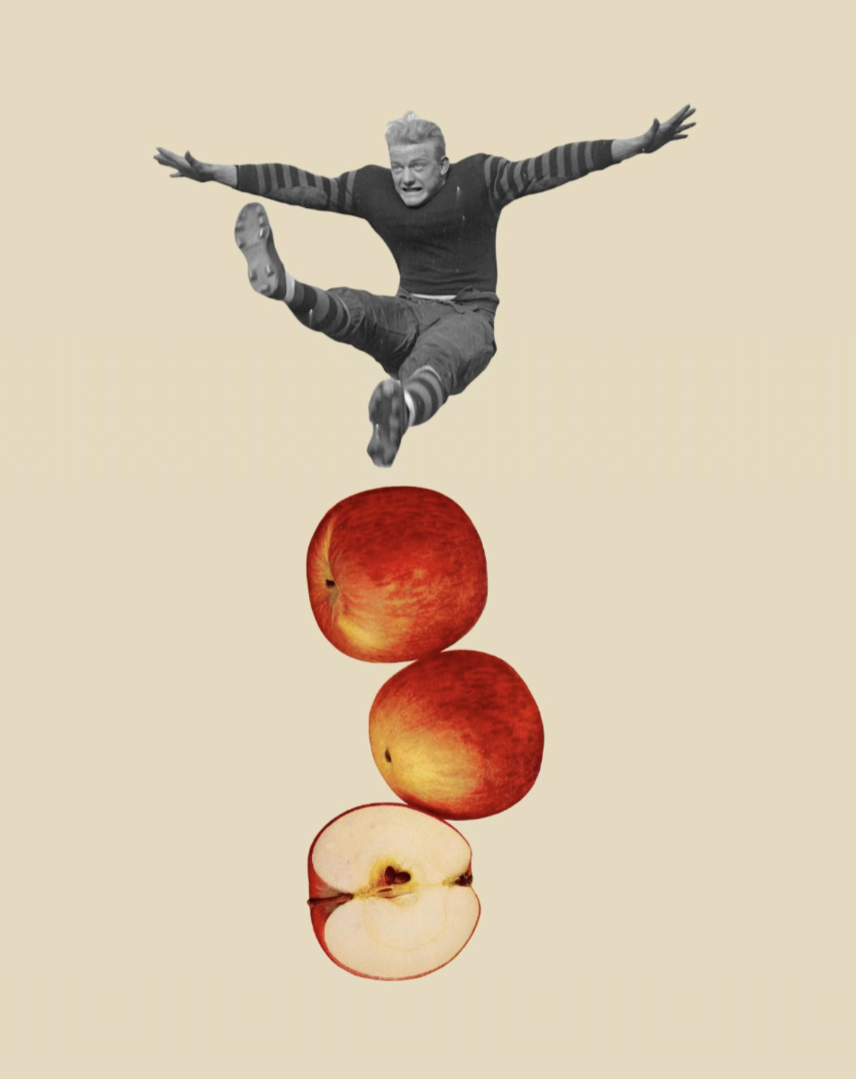A black-and-white photo of a man mid-air above a stack of three apples against a plain background.