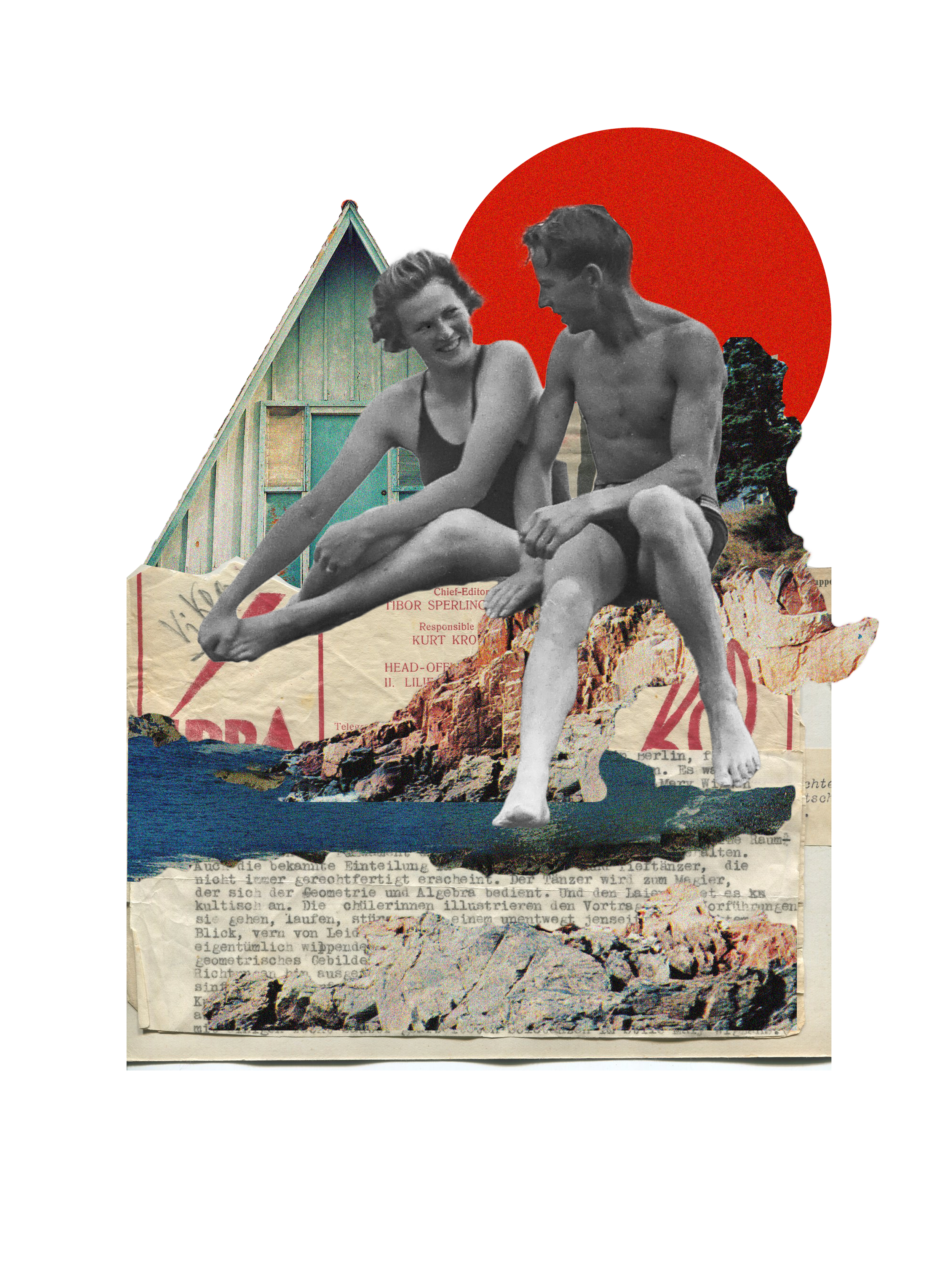 Collage of vintage black-and-white photo of a smiling woman and shirtless man sitting on rocks, with cut-out images of a house, red sun, trees, and torn paper with German text.
