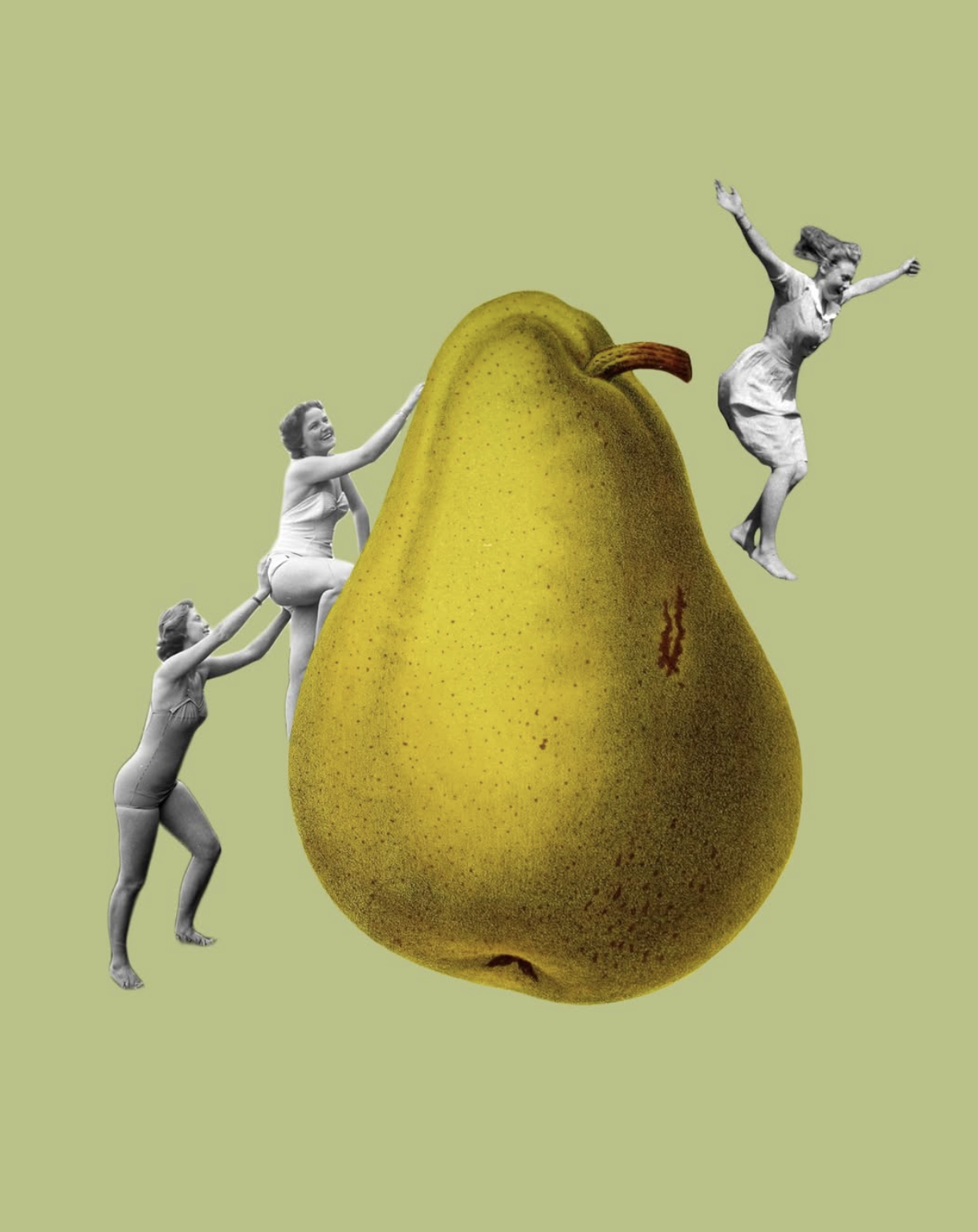 A collage of black and white women climbing and jumping around a large yellow pear on a light green background.