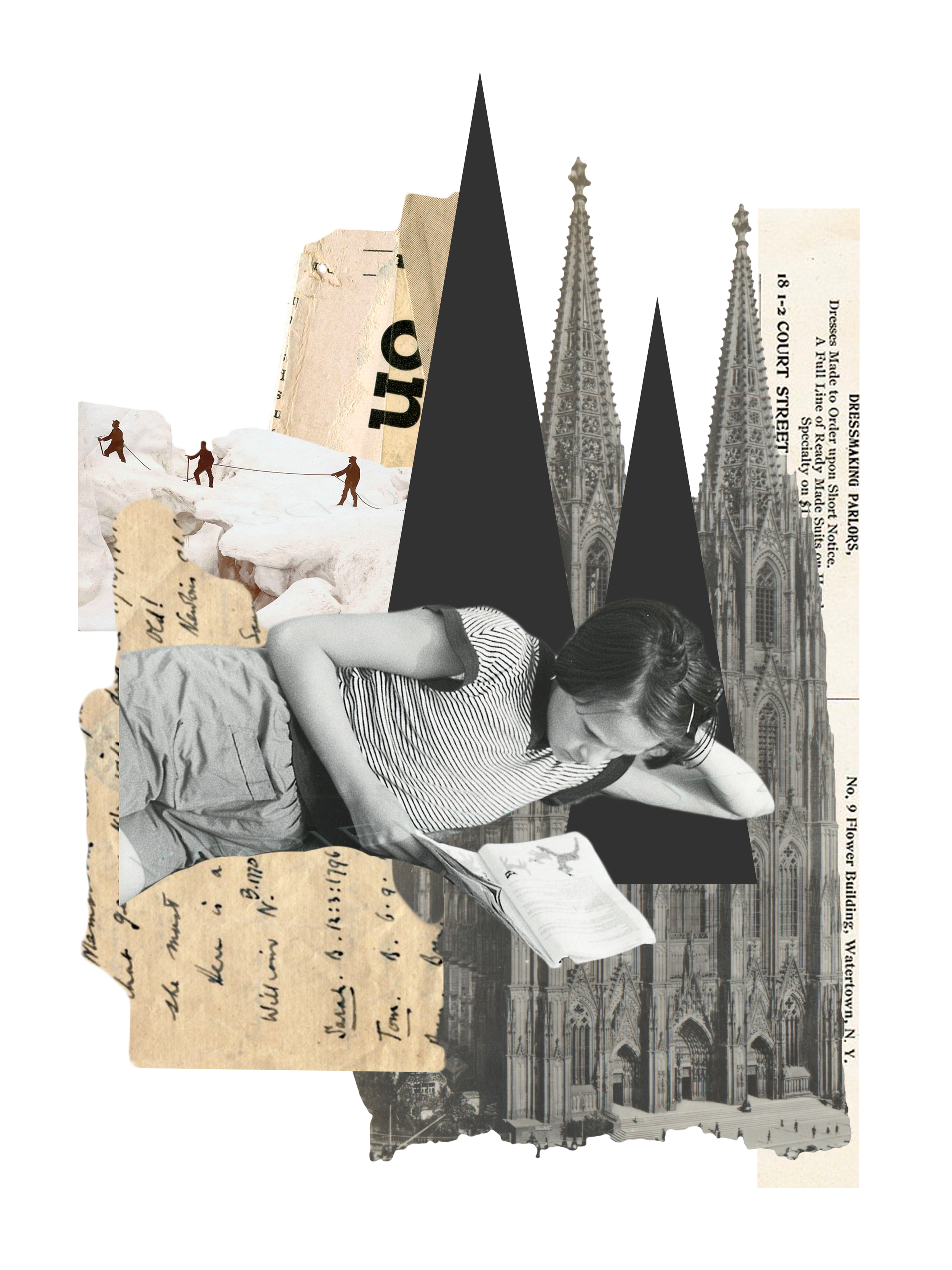 A collage featuring a woman reading a book, with iconic landmarks like the Cathedral of Cologne, snow scene with mountaineers, torn paper pieces with text, and architectural elements. The composition is artistic and layered.