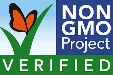 NON GMO Project Verified label with an orange butterfly and green plantstem