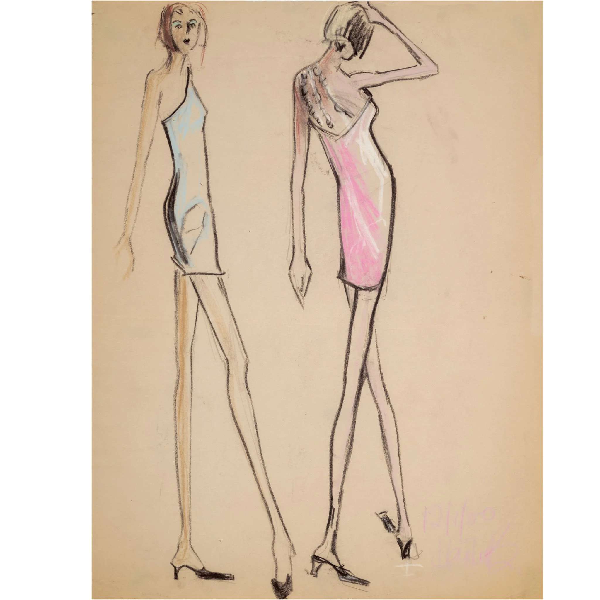 2 Woman in Dresses Cream background