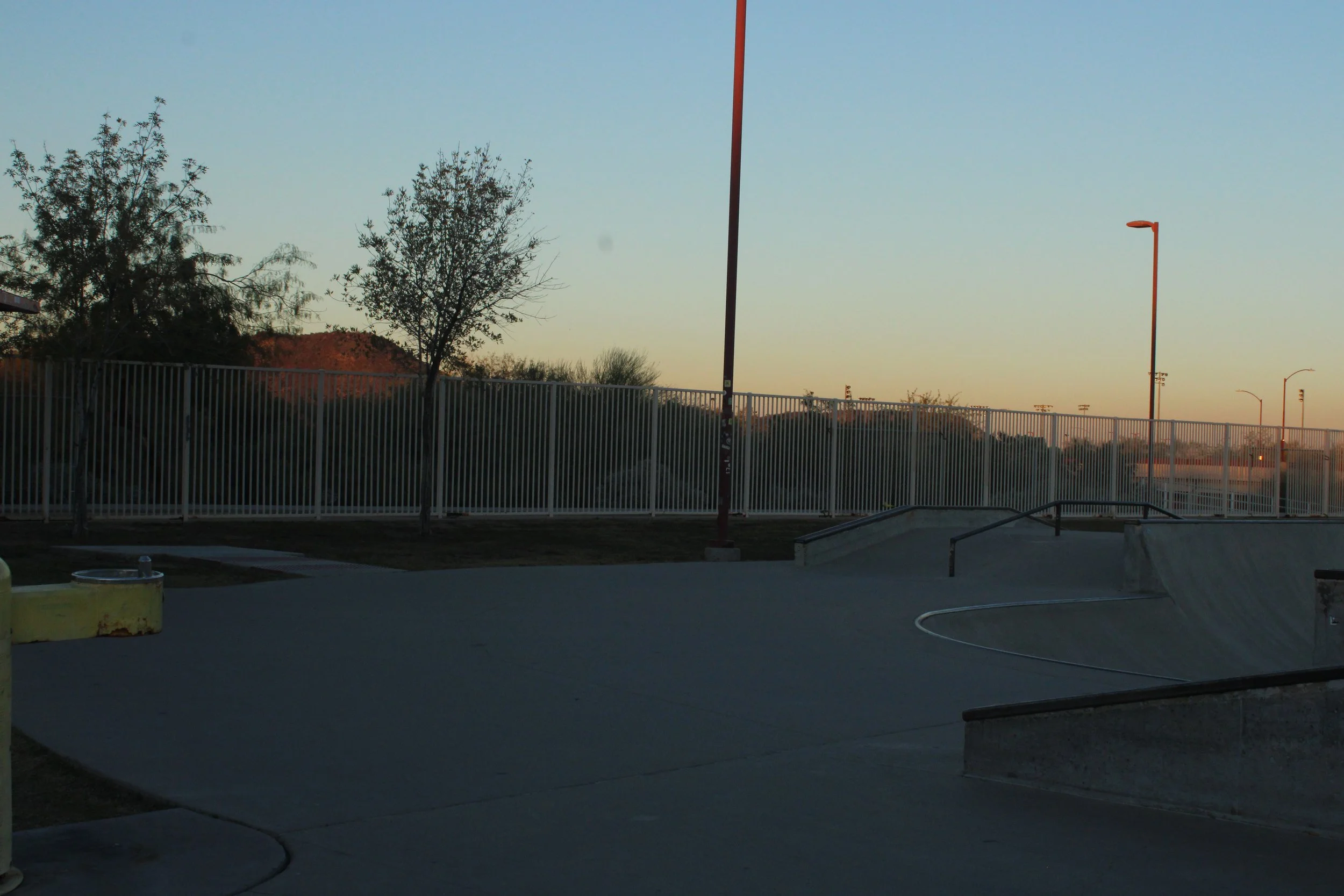 Empty skate park with a concrete bowl and rails, surrounded by a white metal fence, under a clear evening sky with trees and streetlights in the background.