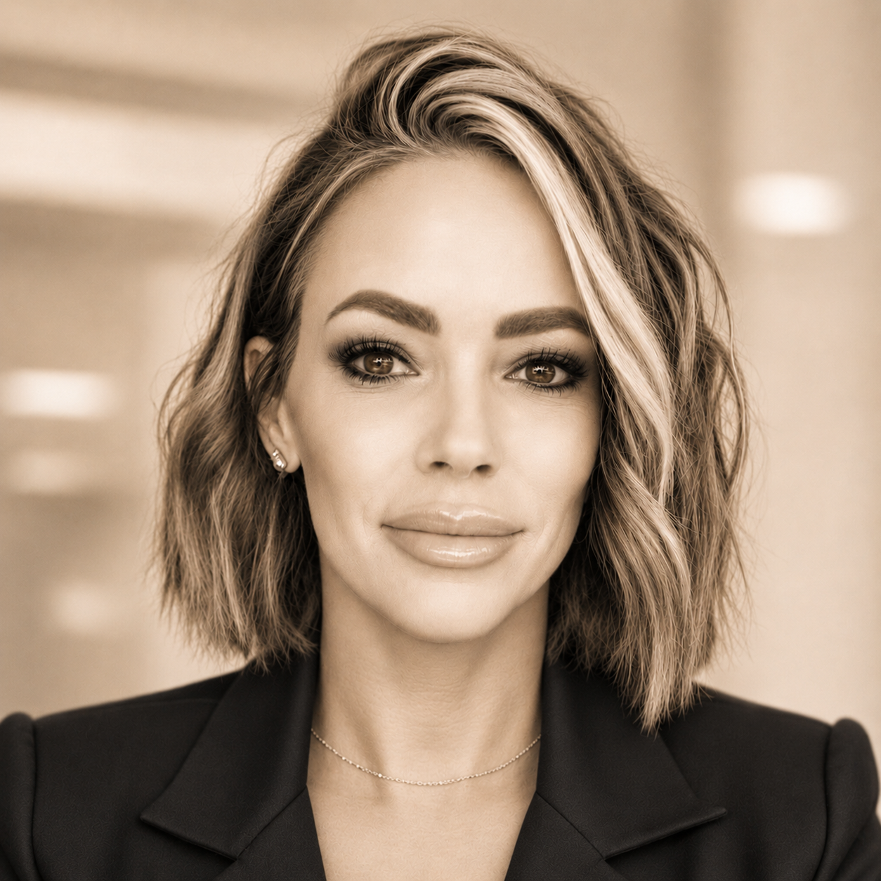 A woman with shoulder-length wavy hair, wearing makeup, a black blazer, and jewelry, looking directly at the camera in an indoor setting.