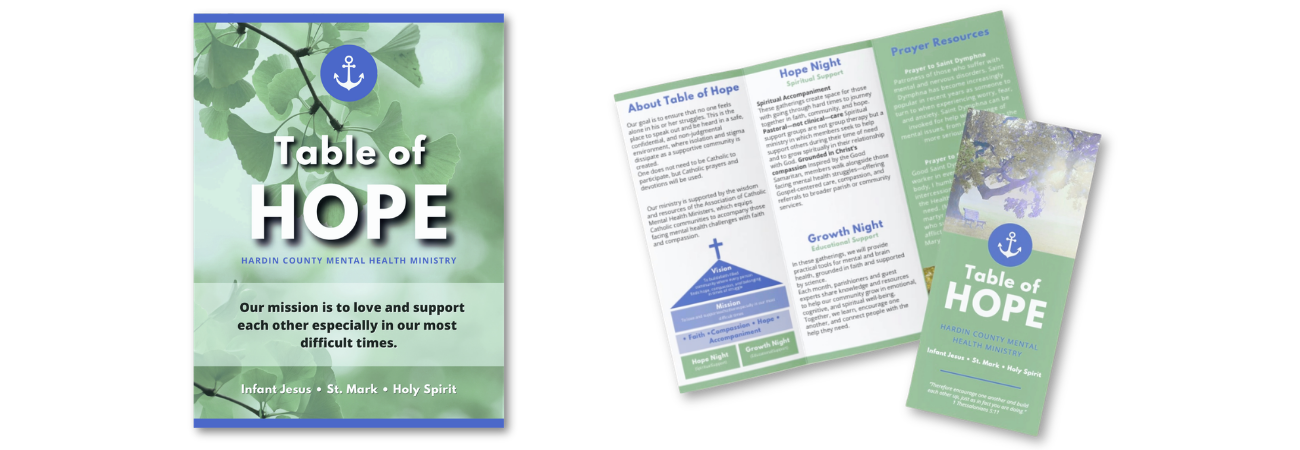 Brochure and pamphlet for the Table of Hope program by Hardin County Mental Health Ministry, featuring a leaf background and a tree image, emphasizing support during difficult times.