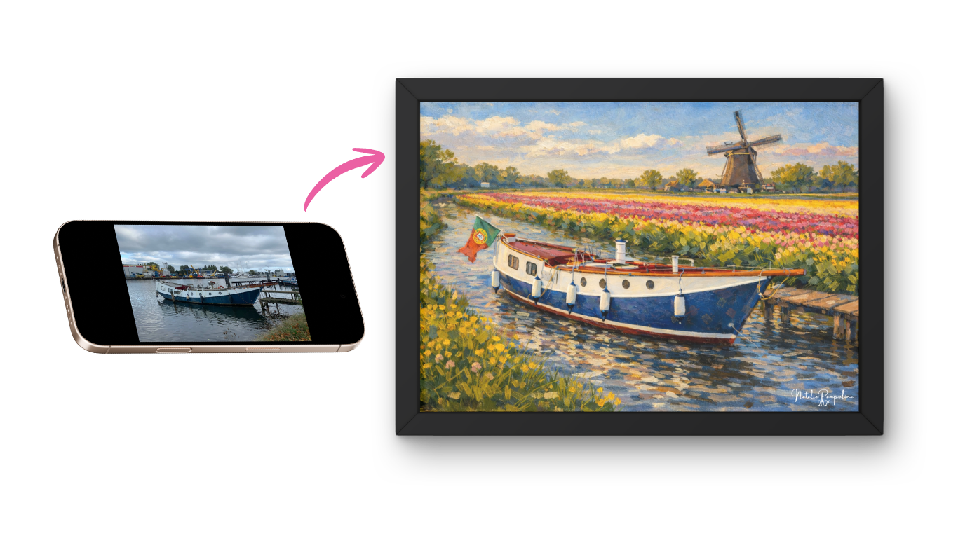 A framed painting of a boat on a canal with a windmill in the background, inspired by a photograph of a real boat on a dock.