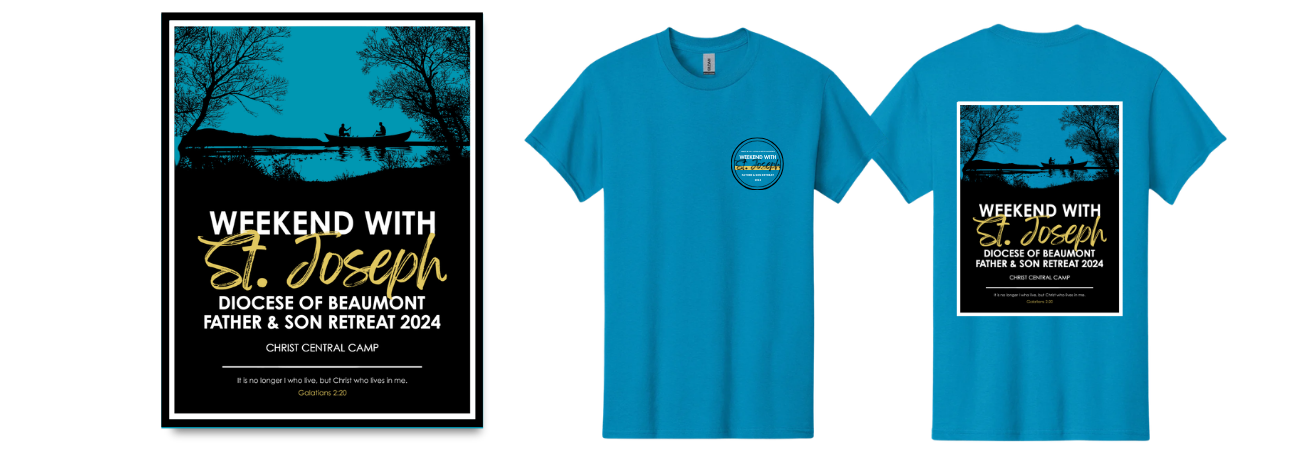 Blue t-shirt and a poster promoting a weekend retreat with St. Joseph and the Diocese of Beaumont, emphasizing a Father & Son retreat at Christ Central Camp in 2024.