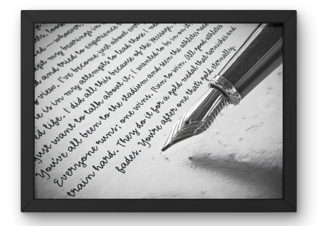 Close-up of a fountain pen writing handwritten text on paper in black and white.