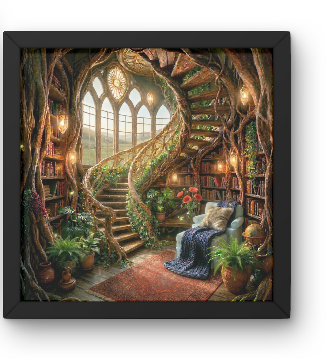 A cozy, fantasy-inspired library with tree trunks forming walls and bookshelves, a spiral staircase, large arched windows letting in sunlight, plants, armchair, rug, and warm lighting.
