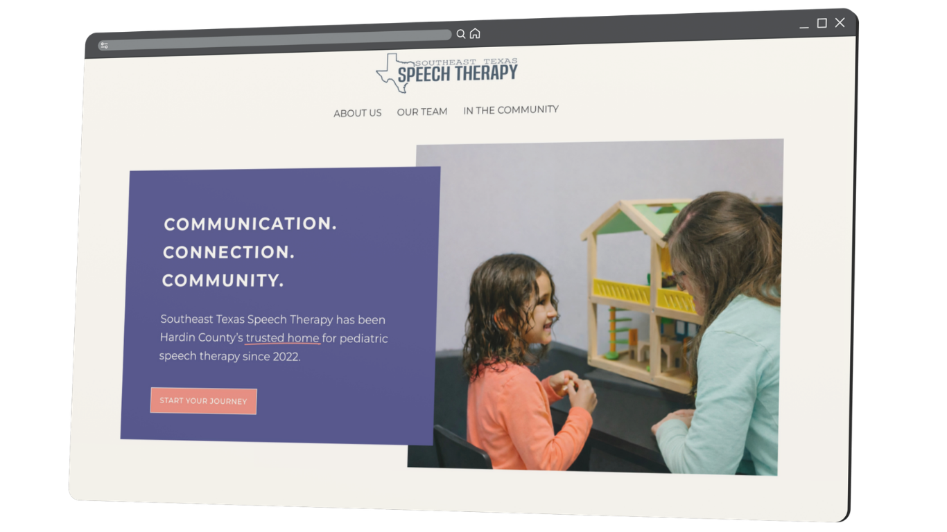 Website homepage for Southeast Texas Speech Therapy showing a logo with outline of Texas, navigation menu, and an image of two children playing with a toy house in a therapy session.
