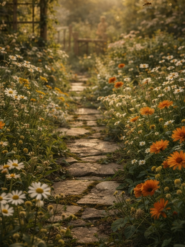 A stone pathway through a garden filled with white daisies and calendula, with sunlight filtering through trees in the background.