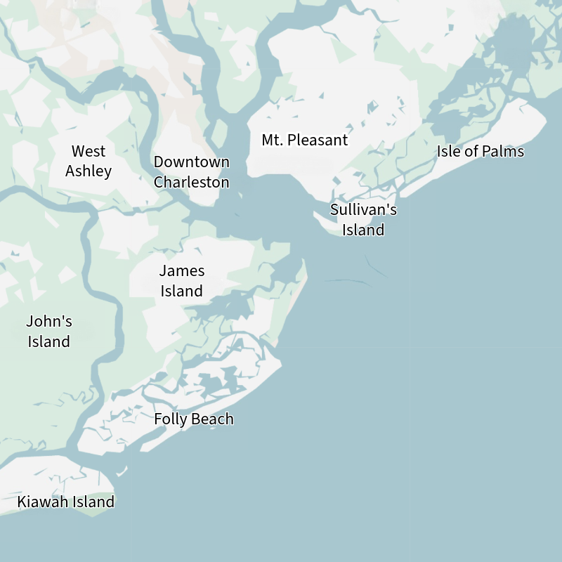 Map of the Charleston, South Carolina area showing islands and neighborhoods including West Ashley, Downtown Charleston, Mt. Pleasant, Isle of Palms, Sullivan's Island, James Island, Folly Beach, John0 Island, and Kiawah Island.