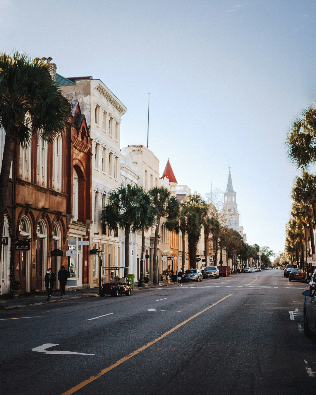 A street view of historic buildings with palm trees lining the sidewalk, parked cars, and a church spire in the distance on a clear day.