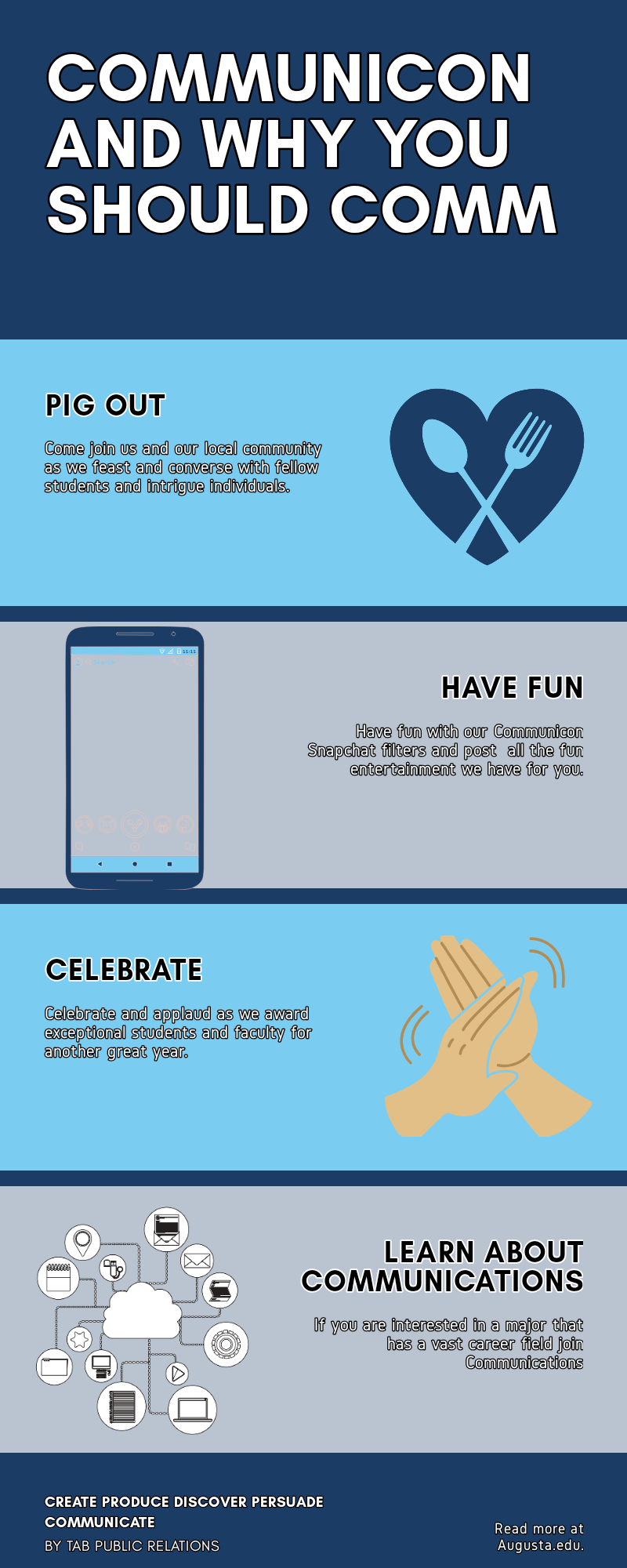 An informational flyer about communication programs at Augusta University, emphasizing community engagement, social media fun, celebrating achievements, and learning about communications.