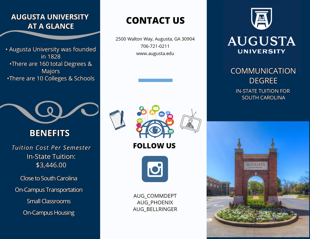 Brochure for Augusta University highlighting its history, benefits, contact information, social media, and a photo of the university entrance with a brick arch and flower bed.