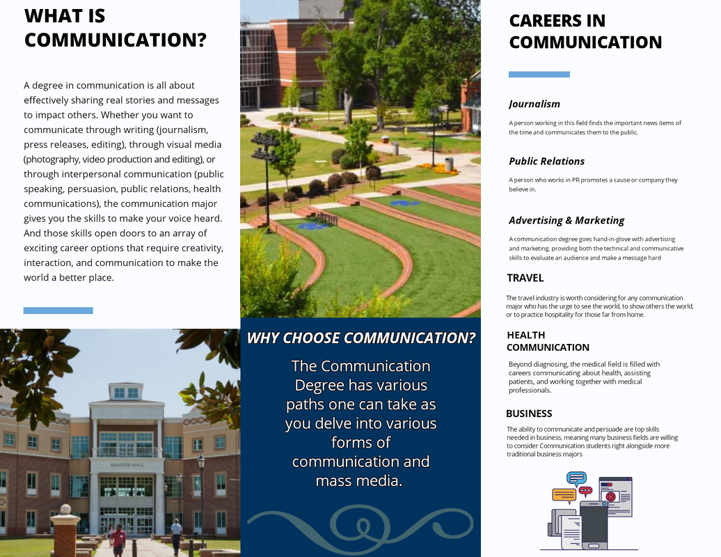 Informational flyer about communication degrees, featuring images of a campus building and a park, with sections on careers in communication, why choose communication, and various communication fields like journalism, public relations, advertising, travel, health, and business.