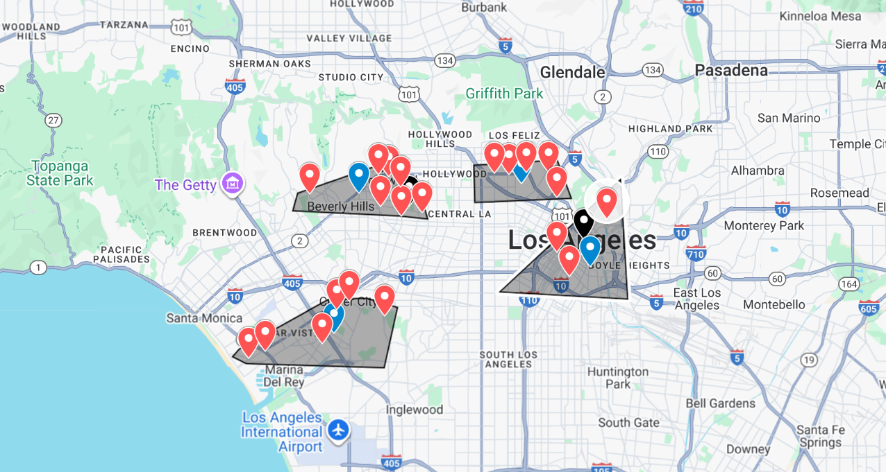 Map of Los Angeles showing snipe poster placement zones across Downtown LA, Hollywood, Silver Lake, Echo Park, Koreatown, and major pedestrian corridors.