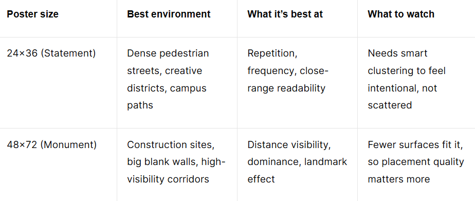 Wild wheat paste poster size guide chart showing 24×36 and 48×72 advertising poster dimensions
