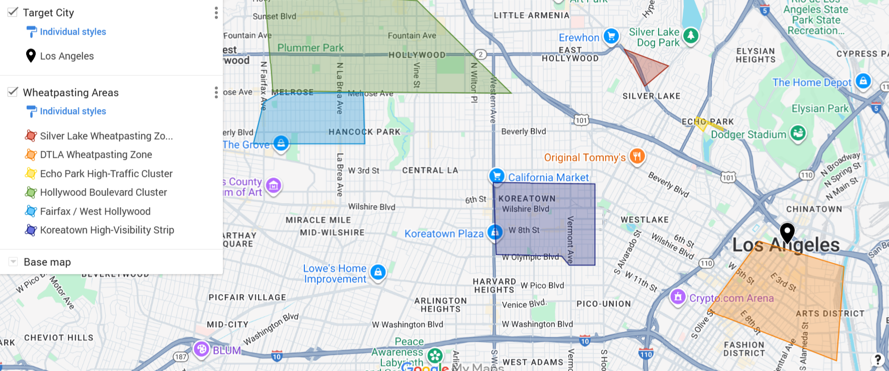 Los Angeles snipe advertising map highlighting high-traffic neighborhoods, nightlife corridors, retail streets, and commuter pathways for street-level brand exposure.