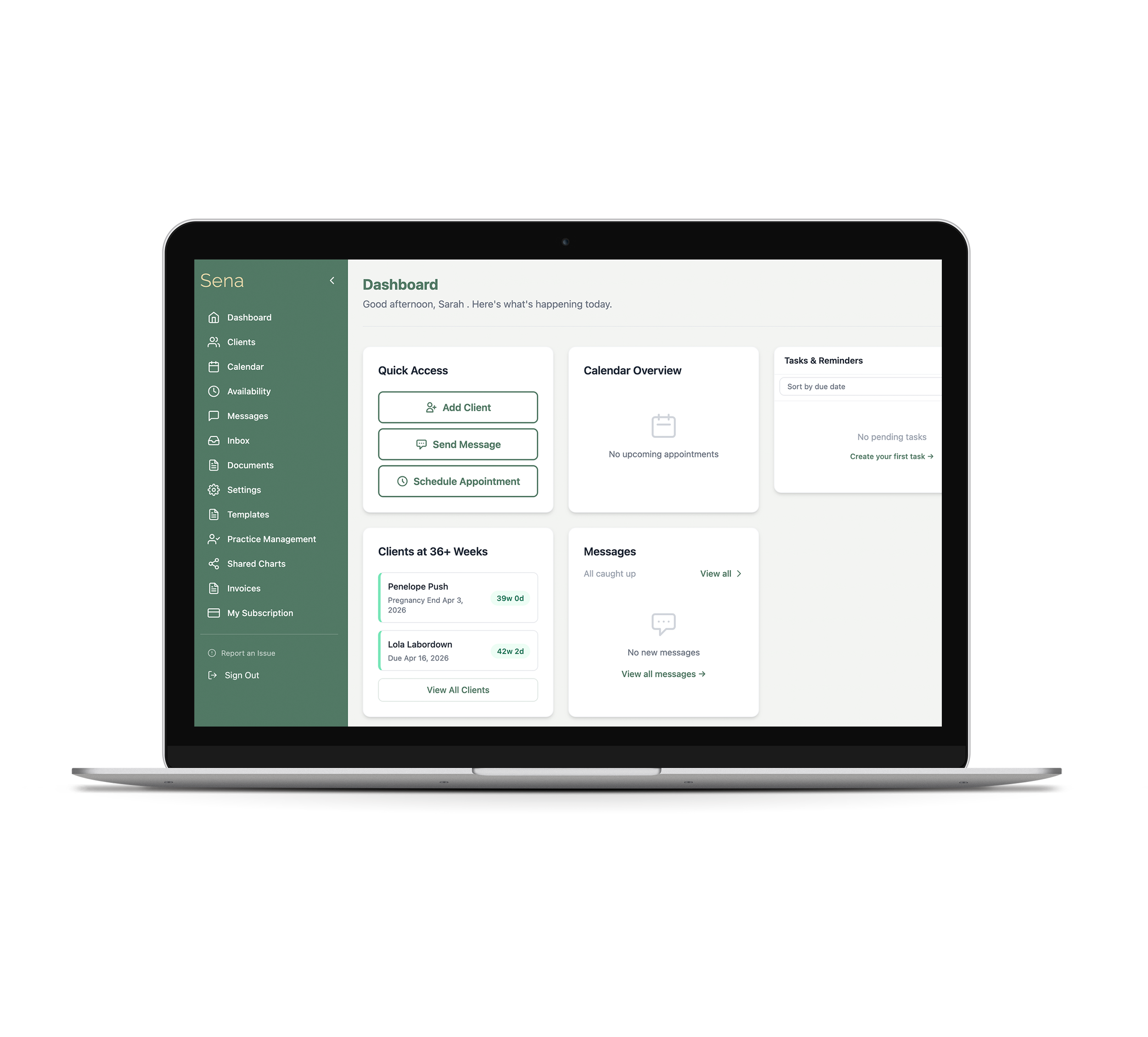 Sena EHR dashboard shown on a laptop, displaying the practice management interface