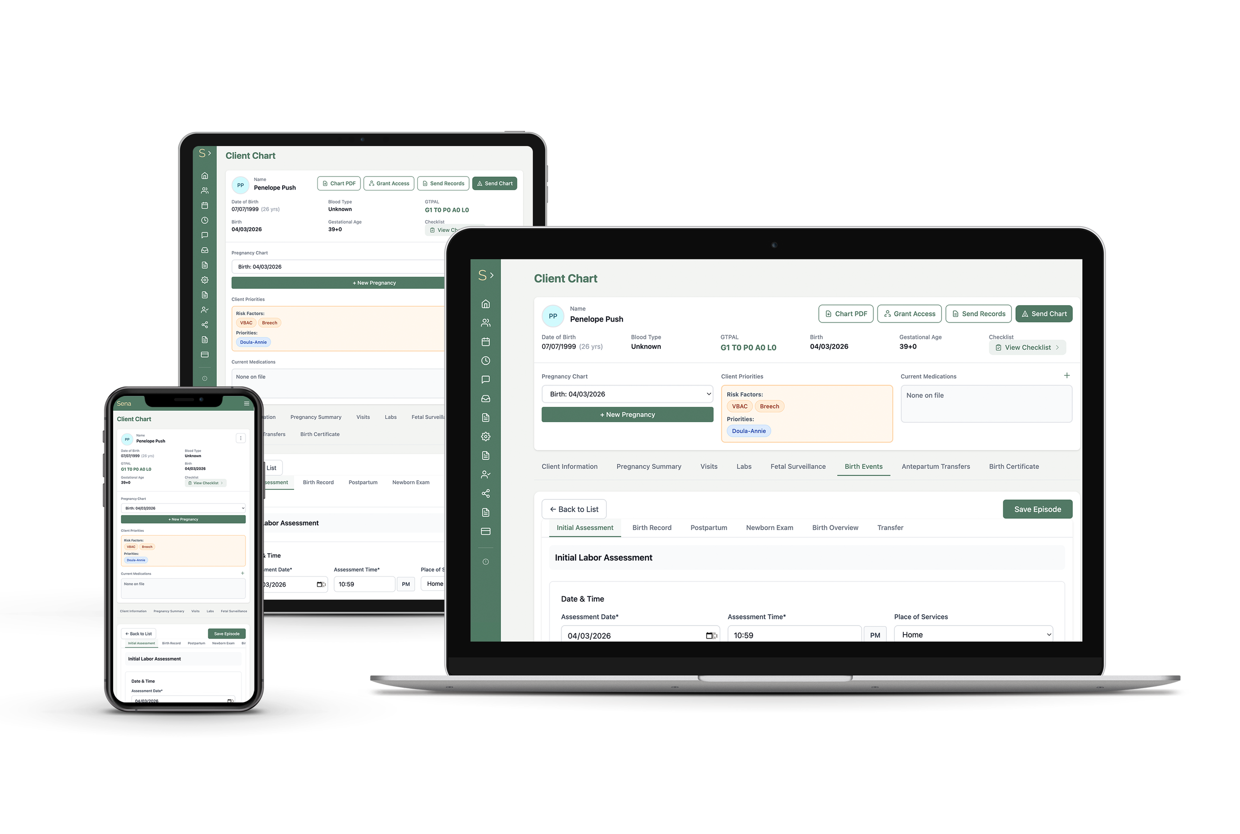 Sena EHR shown on a laptop, tablet, and smartphone, demonstrating the mobile-friendly interface across all devices