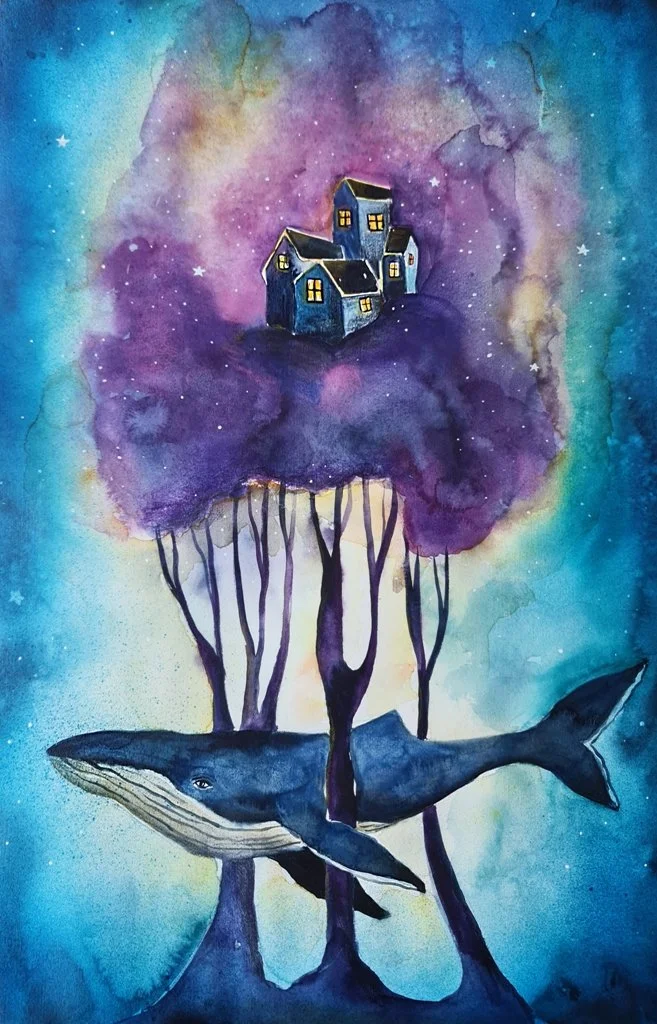 surreal watercolor - whale under house BY Evgenia Smirnova