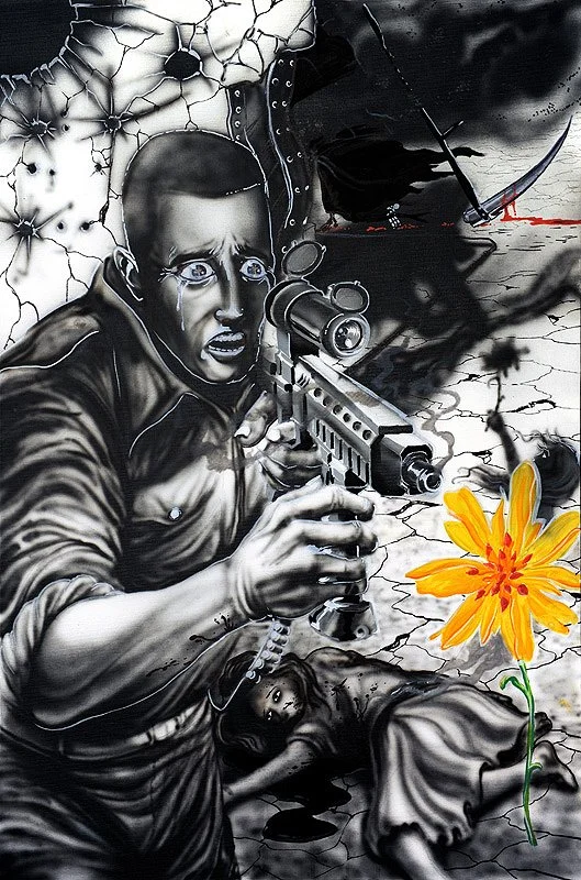 art2-Albert T. Colon of Dudes Tattoos - man with gun shooting a flower