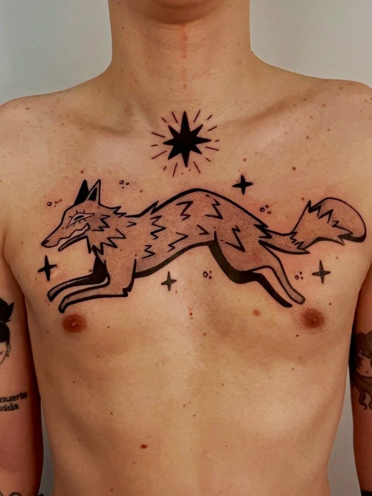 Laura_Arroz_tattoo_artist - chest tattoo- fox jumping with stars
