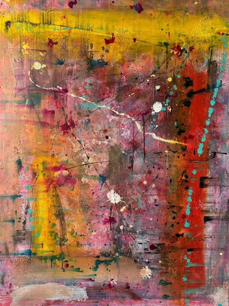 Abstract Art by Sada Stavrum - red and gold streaks and dots
