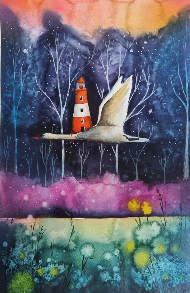 watercolor paiting - goose by lighthouse BY Evgenia Smirnova