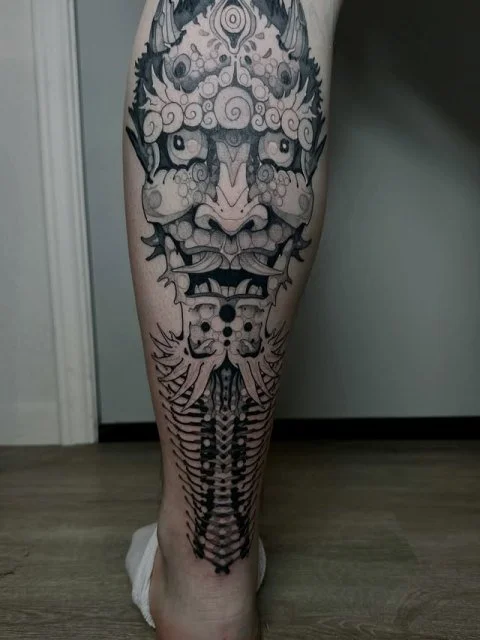 calf tattoo by Ella Baer