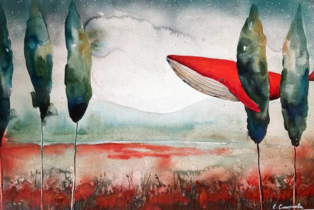watercolor painting - red whale BY Evgenia Smirnova