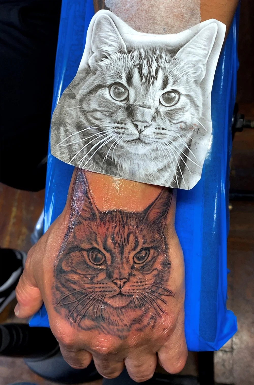 Albert T. Colon of Dudes Tattoos - cat portrait tattoo on hand
