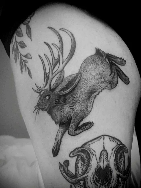 bone_merchant tattoo artist - rabbit with antlers tattoo