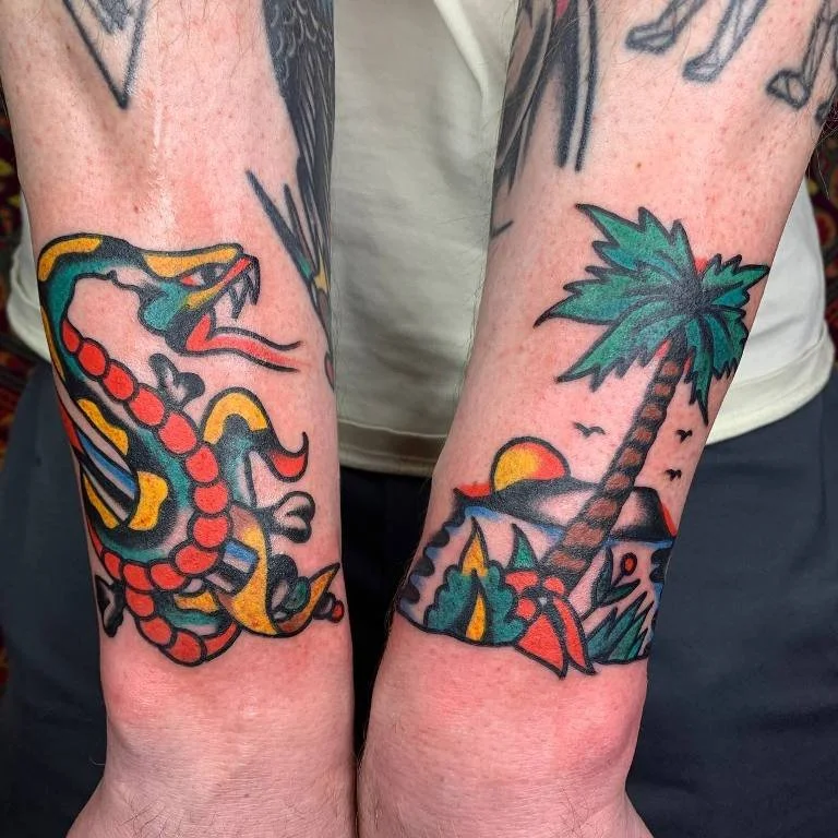 forearm tattoos - snake and palmtree - Traditional Tattoo Berlin - Tattoos by Mariano