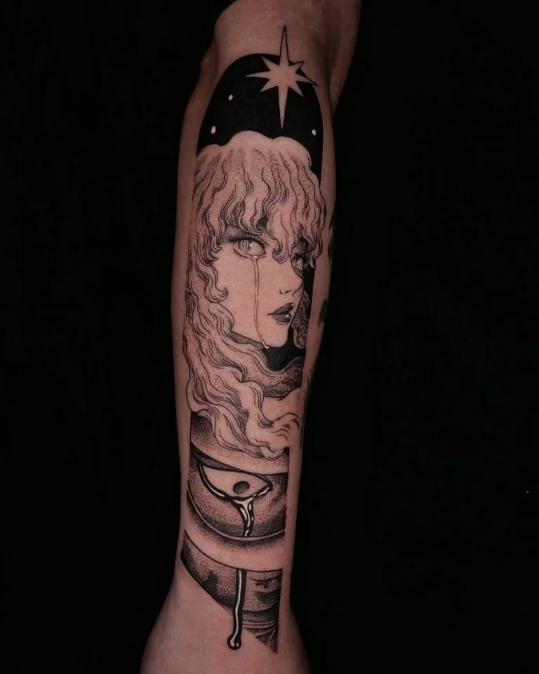 Tattoo Artist - AnEcho -black and gray tattoo on arm - woman with tear