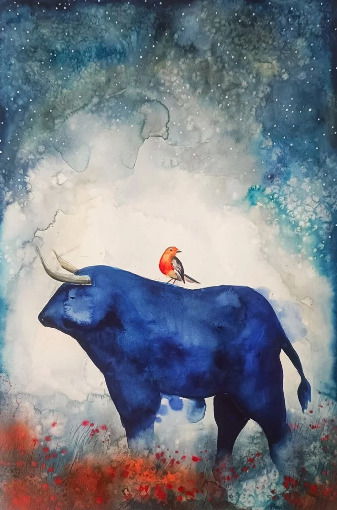 watercolor painting - blue bull with red bird on back  BY Evgenia Smirnova