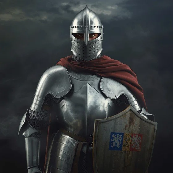 Knight in full armor with read cloak and shield