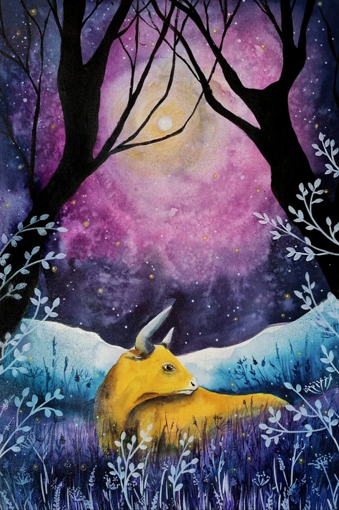 watercolor painting - yellow bull in bushes BY Evgenia Smirnova