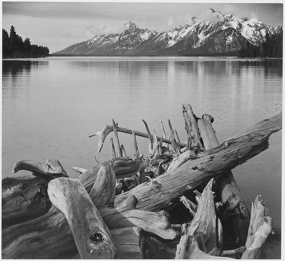 Ansel Adams photograph of the Teton Range with Jackson Lake in the foreground (1950). Panoramic black and white mountain view. Public domain image from National Archives.