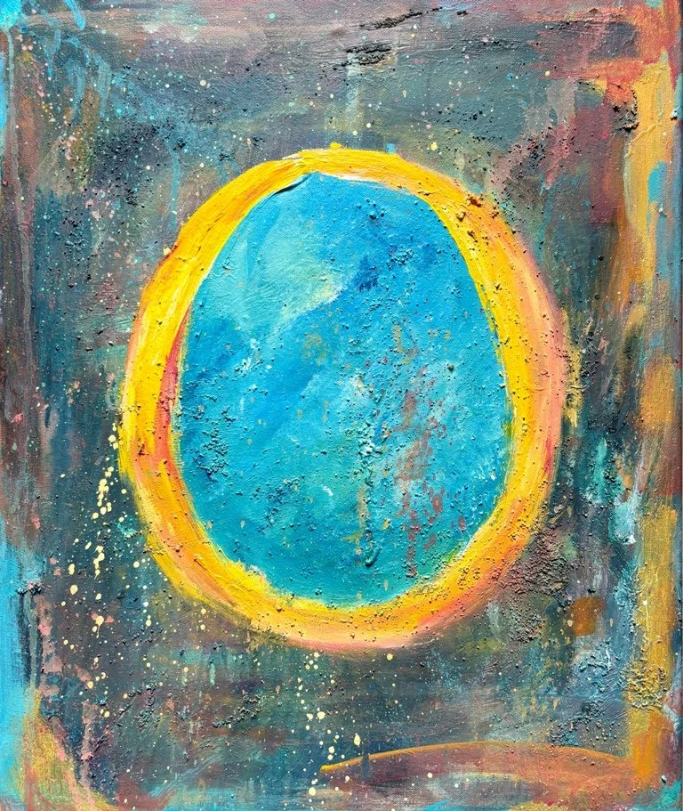 Abstract Art by Sada Stavrum - gold circle with teal center