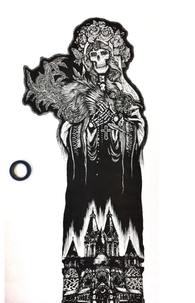 Tattoo Artist - AnEcho - black drawing of skeleton religious figure