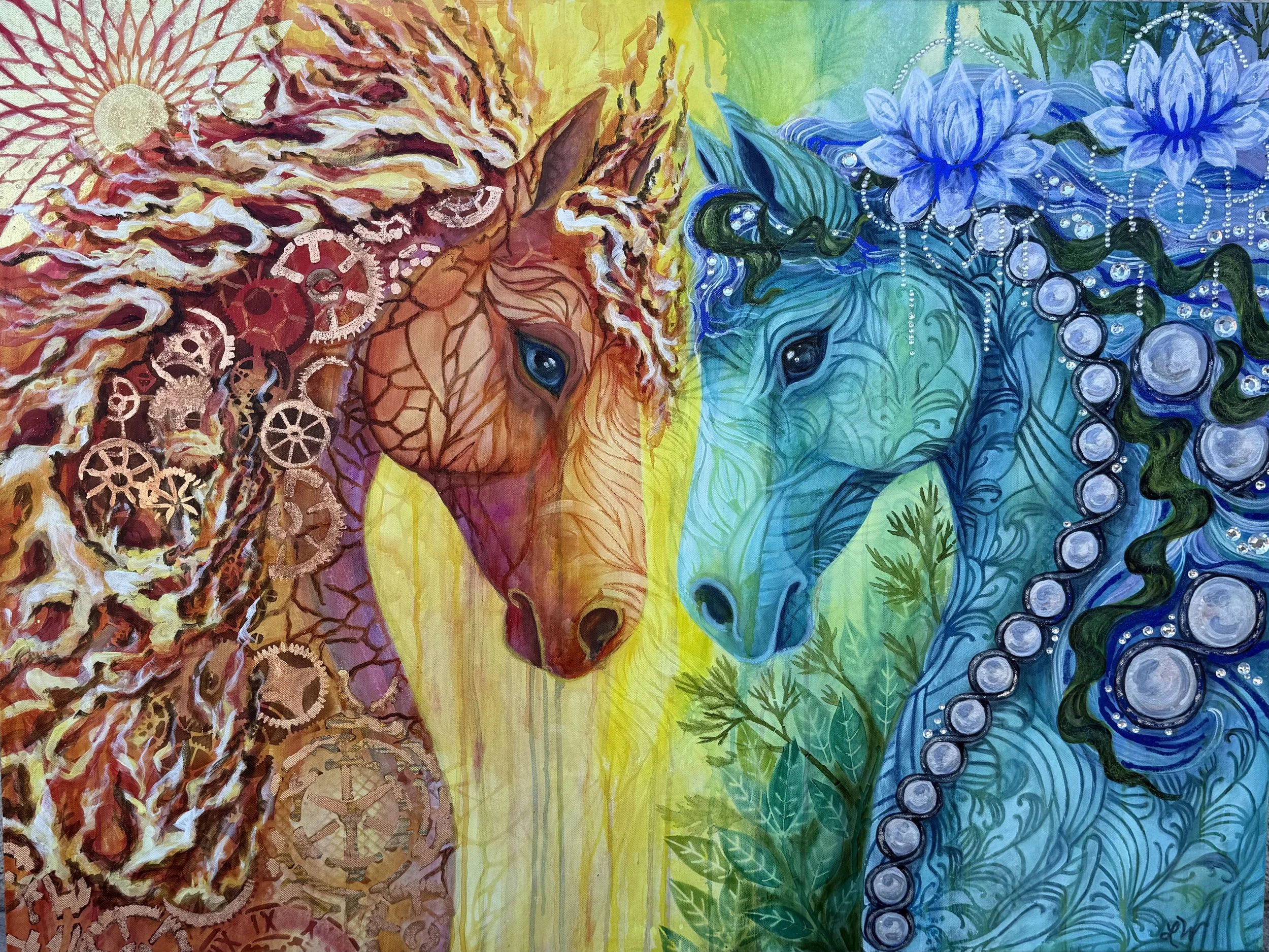 Painting by Lisa Widener - very colorful, 2 horses nose to nose - Fire and Flow