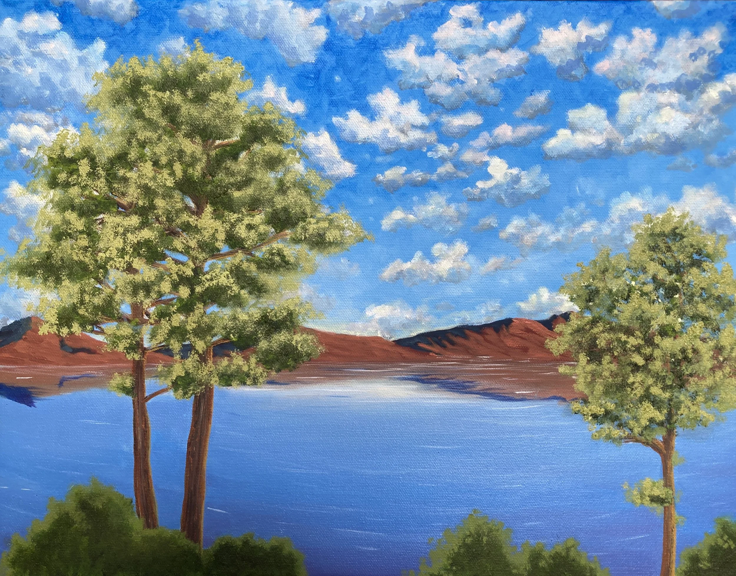 art - peaceful lake w red mountains.JPG