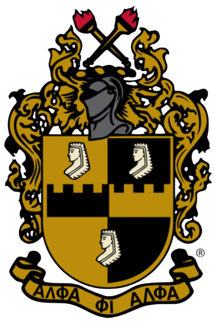 Coat of arms with a shield divided into four quadrants with a lion's head in each, black and gold colors, and a Latin motto. A helmet, crest, and decorative elements above the shield.