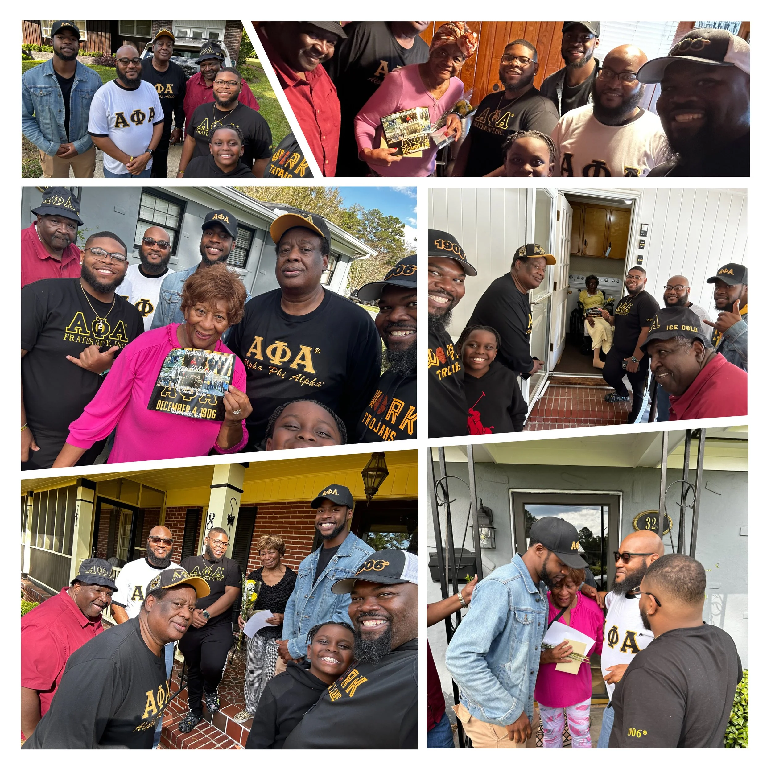 Collage of photos showing a group of people, mostly African American, celebrating and gathering outside and inside a house. They are wearing Alpha Phi Alpha fraternity shirts and hats, and are engaging in conversations, taking pictures, and holding a photo collage.