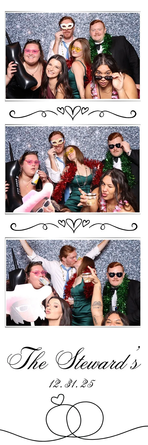A group of six people at a wedding reception in a photo booth, wearing costume accessories like masks, glasses, leis, and holding props. The background is sparkly, and the images show them posing, playful expressions, and kissing. The bottom caption 