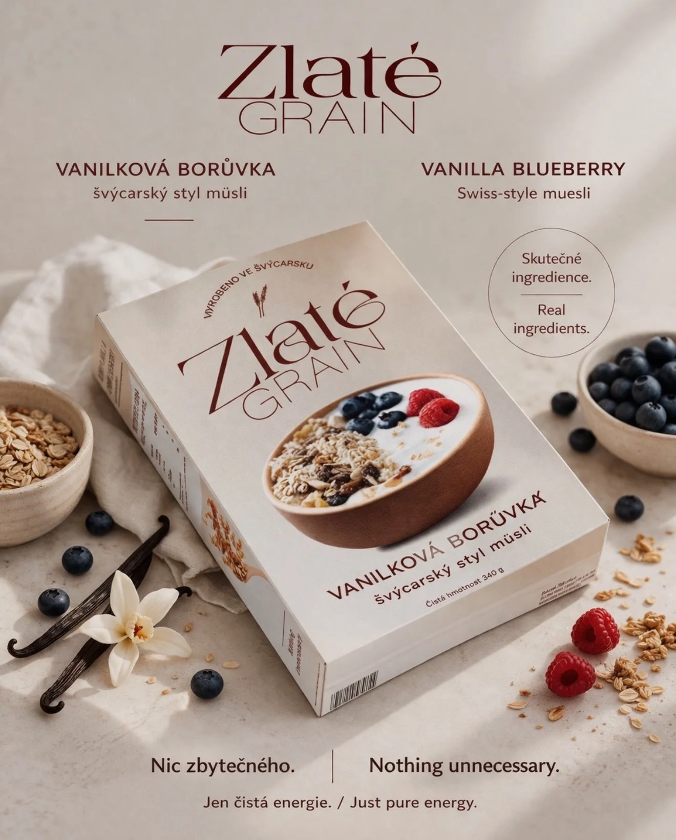 Zlat&eacute; Grain is a cereal brand I created with both Czech and English packaging.

It was super fun to put my style onto something like cereal, which is normally really bright and colorful. I usually lean more minimal and neutral, so this pushed 